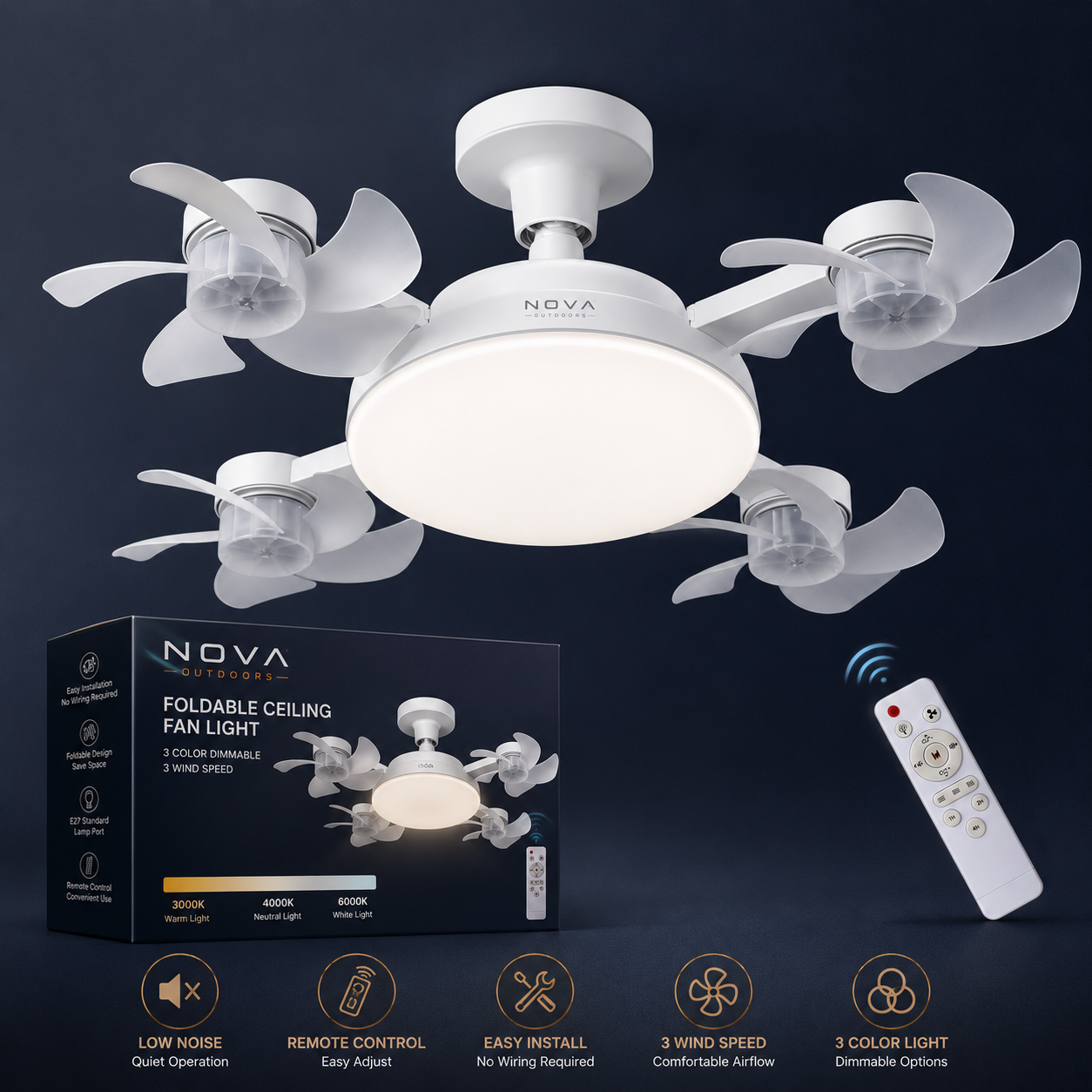 Socket Fan Light 4-Head Ceiling Fan with Remote Control