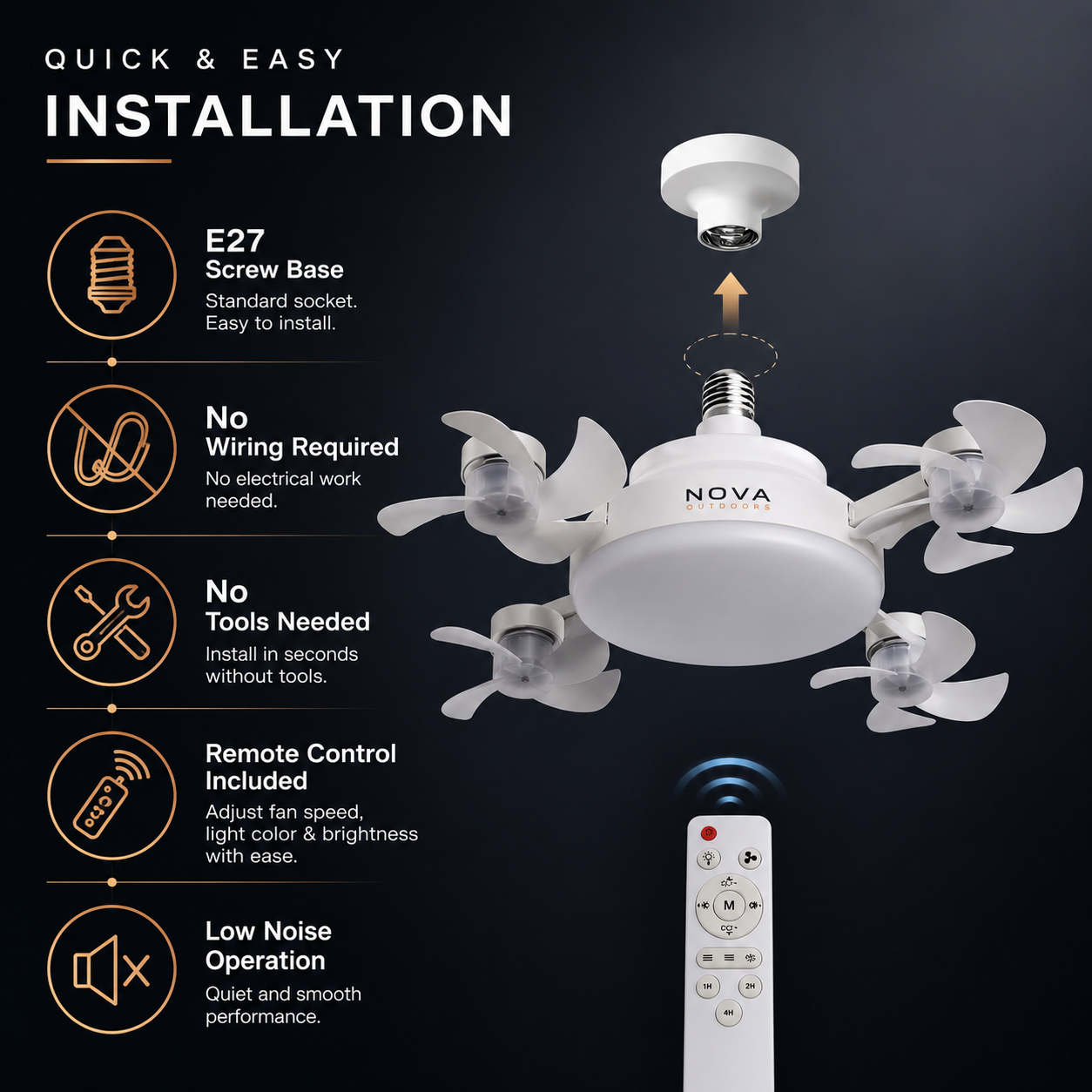 Socket Fan Light 4-Head Ceiling Fan with Remote Control