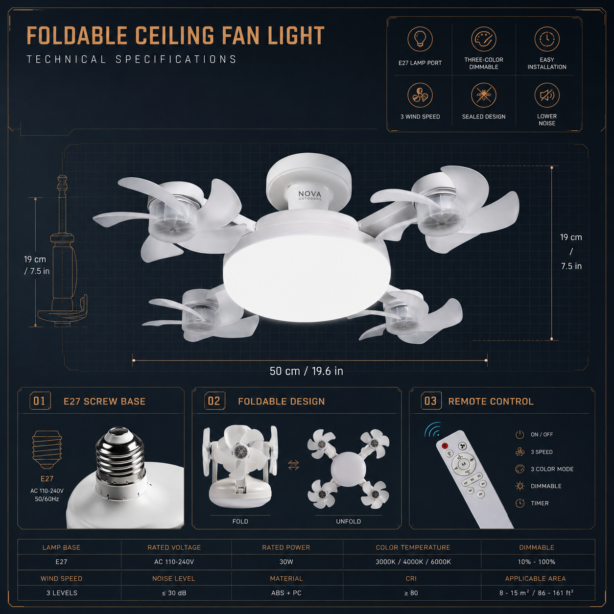 Socket Fan Light 4-Head Ceiling Fan with Remote Control