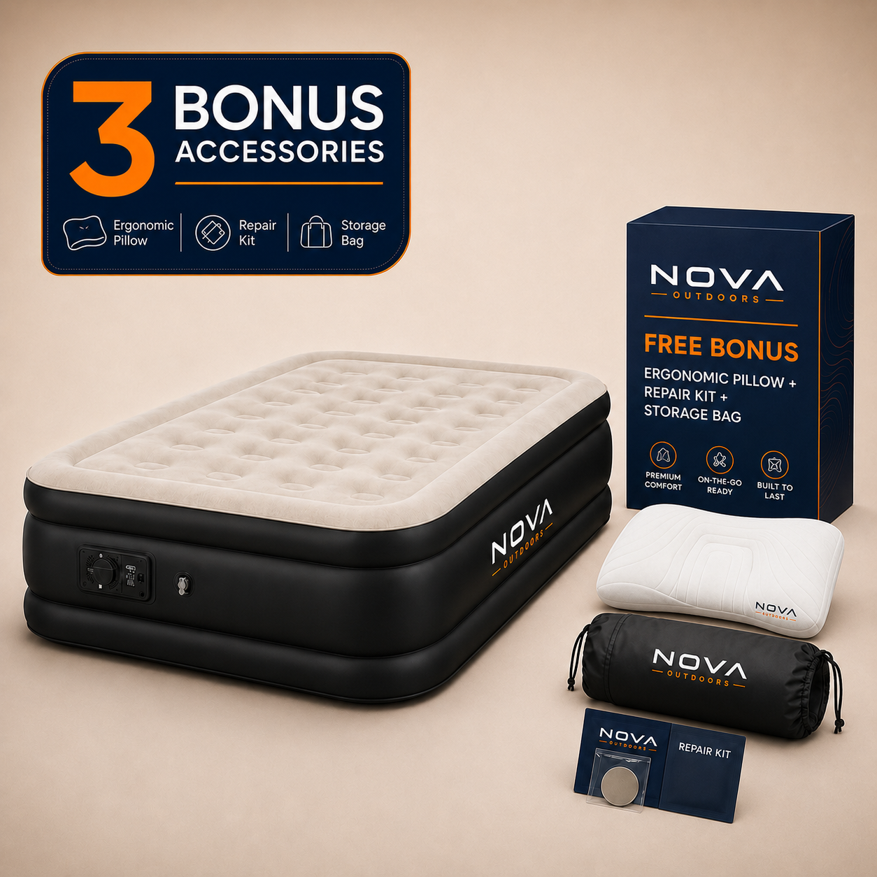 Nova Outdoors Full Air Mattress with Built In Pump, 18 Inch Raised Inflatable Bed with Carry Bag and Repair Patch for Home, Travel, and Camping