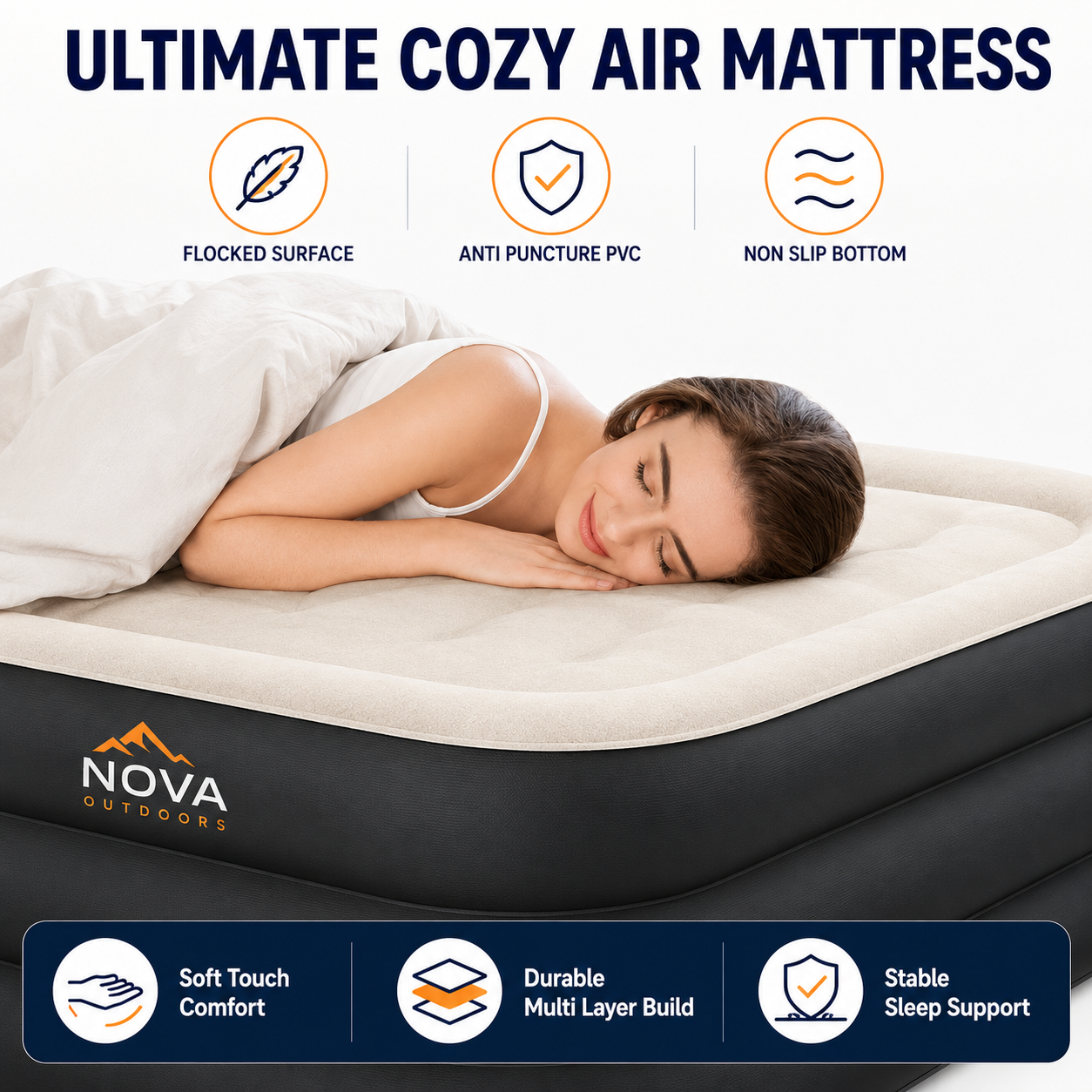 Nova Outdoors Full Air Mattress with Built In Pump, 18 Inch Raised Inflatable Bed with Carry Bag and Repair Patch for Home, Travel, and Camping