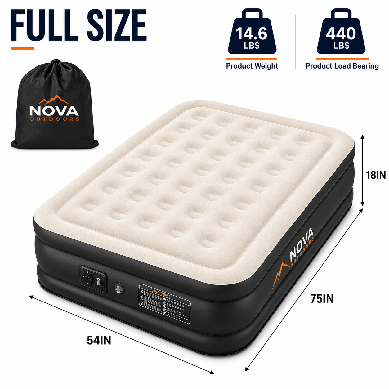 Nova Outdoors Full Air Mattress with Built In Pump, 18 Inch Raised Inflatable Bed with Carry Bag and Repair Patch for Home, Travel, and Camping